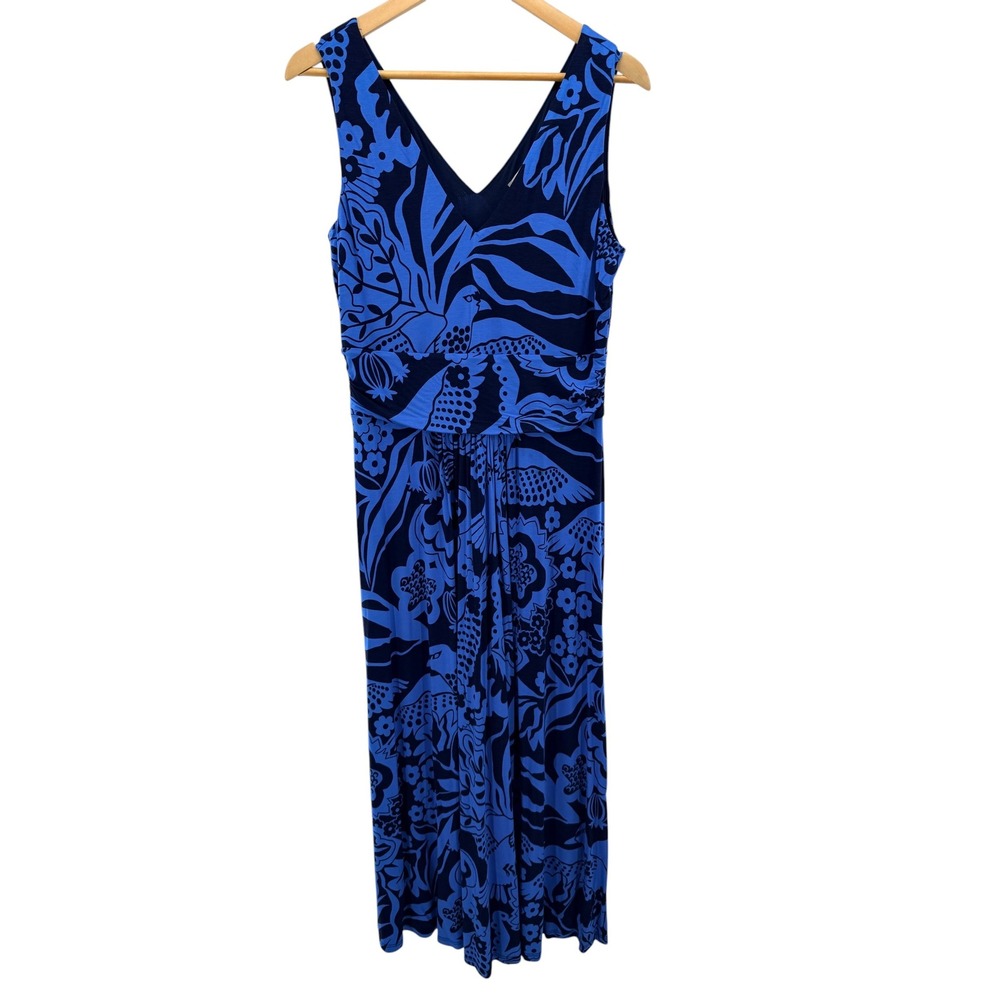 Boden Blue Floral Bird Print V-Neck Sleeveless Maxi Dress Jersey Travel 12P